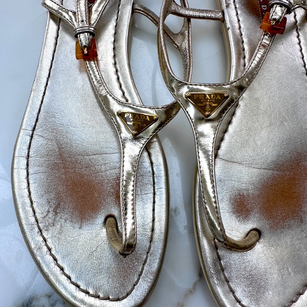 Prada Metallic Gold Leather Thong Sandals
